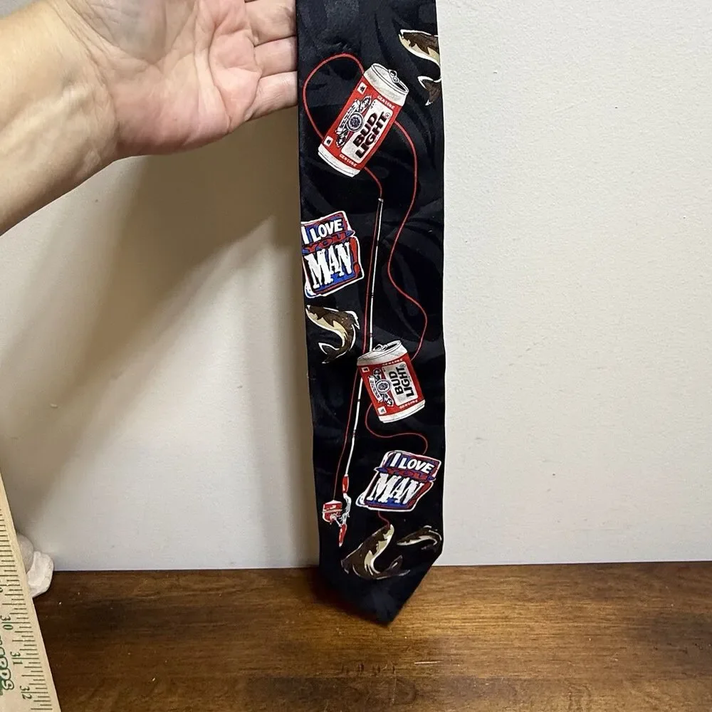 I Love You Man Bud Light Beer 1996 Vintage Neck Tie USA Black Fishing Pole New